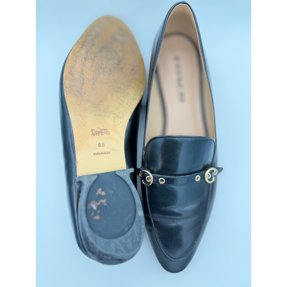 COACH Isabel Black Leather Loafers Gold Hardware Strap C Buckle Flats 8.5 - Picture 6 of 8